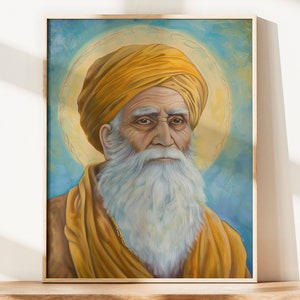 Könnte beinhalten: Ein Gemälde eines Mannes mit langem weißem Bart und einem gelben Turban. Er trägt eine gelbe Robe und hat einen Heiligenschein um den Kopf. Der Hintergrund ist ein blauer Himmel mit Wolken.