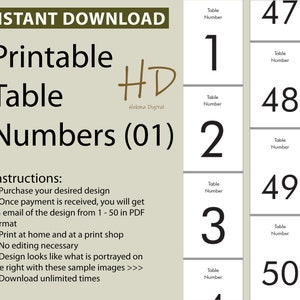 May include: Printable table numbers in black text on white cards with a black border. The numbers range from 1 to 50. The cards are labeled "Table Number". The image also includes the text "Instant Download", "Printable Table Numbers (01)", and "HD Hekma Digital".