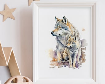 Baby wolf met moeder wolf Wall Art Print - Animal Nursery Decor - Afdrukbare digitale download Wall Art voor babykamer. Kinderkamerposter.