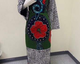 Mixed African print princess cut straight gown with bell sleeve