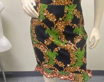 knee length green and black with rhinestones skirt. African Skirt, African Print Skirt, traditional African Clothing, African Clothing