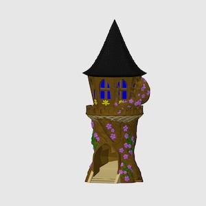 Könnte beinhalten: Ein brauner Holzturm mit einem schwarzen Spitzdach und einem daran gewundenen Weinstock. Der Turm hat ein blaues Fenster und einen kleinen Eingang mit Stufen, die nach oben führen.