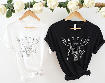 Hens party shirts, Getting hitched and getting rowdy bride and bridesmaid shirts, Bachelorette party shirts, western cowboy bride shirt