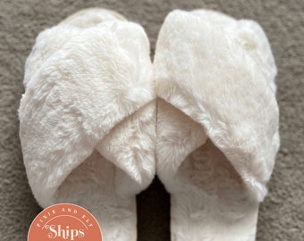Bridal White Slippers, fluffy comfortable slippers, bridal shower gift, bride tribe slipper, gift for bride, gift for mum, crossover slipper