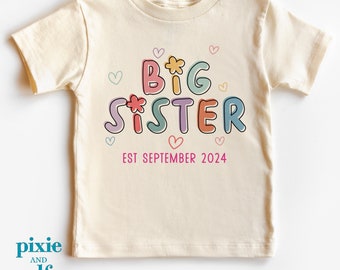 Personalised big sister shirt,  pregnancy announcement kids tee, groovy cute kids shirt, sibling shirt, est date of arrival shirt