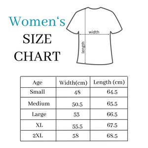 May include: A size chart for women's shirts, showing the width and length in centimeters for different sizes: Small, Medium, Large, XL, and 2XL.