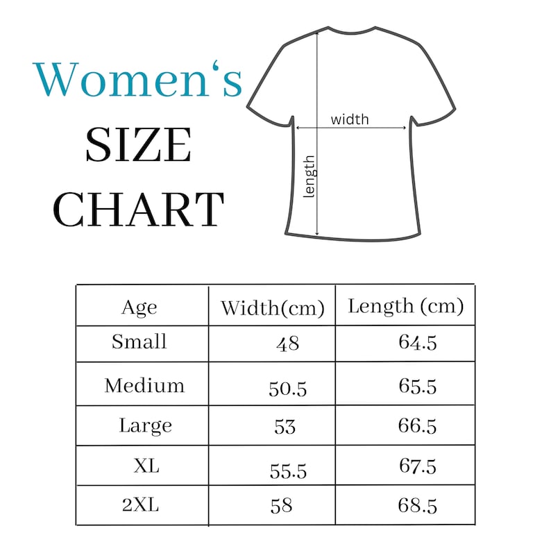 May include: A size chart for women's shirts, showing the width and length in centimeters for different sizes: Small, Medium, Large, XL, and 2XL.