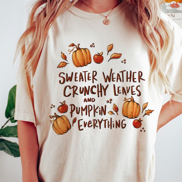 Sweater Weather t shirt, women’s fall autumn t-shirts,  Colorful bookish shirts, cozy confortable shirt, fall collage, retro pumpkin tee