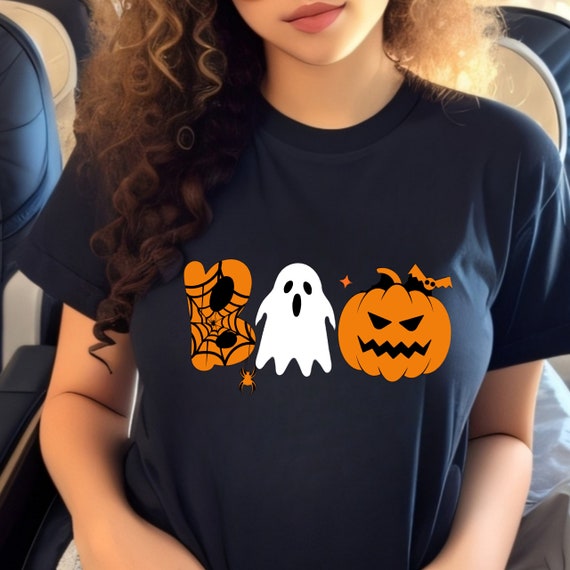 Boo ghost t shirt for halloween, spider and pumpkin shirt, scary ghost shirt,  spooky shirt women, witchy ghost shirt, trick or treat shirt