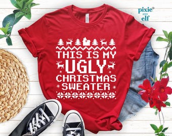 Ugly Christmas Red shirt, unisex ugly christmas tee, Christmas party outfit, kids and adults ugly Christmas, reindeer christmas, nordic tee