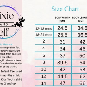 K&ouml;nnte beinhalten: Gr&ouml;&szlig;entabelle f&uuml;r Pixie- und Elf-Kleidung. Die Tabelle zeigt die K&ouml;rperbreite und -l&auml;nge in Zentimetern f&uuml;r die Gr&ouml;&szlig;en 12-18 Monate, 18-24 Monate und die Gr&ouml;&szlig;en 2 bis 14.
