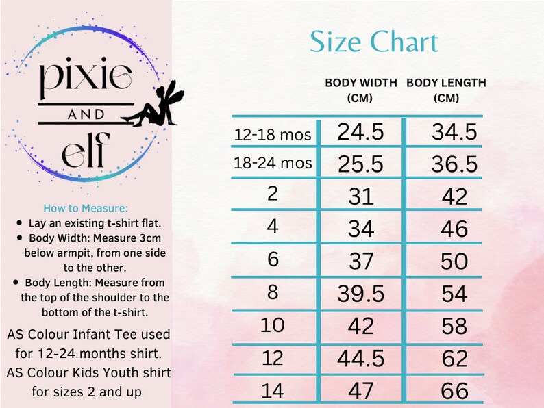 K&ouml;nnte beinhalten: Gr&ouml;&szlig;entabelle f&uuml;r Pixie- und Elf-Kleidung. Die Tabelle zeigt die K&ouml;rperbreite und -l&auml;nge in Zentimetern f&uuml;r die Gr&ouml;&szlig;en 12-18 Monate, 18-24 Monate und die Gr&ouml;&szlig;en 2 bis 14.
