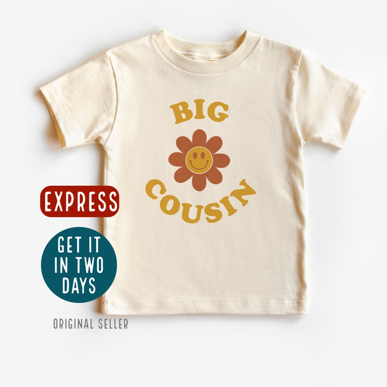 Big Cousin T shirt with flower, promoted to big Cousin tee, soon to be a big cousin, pregnancy announcement shirt, retro cousin t shirt image 1