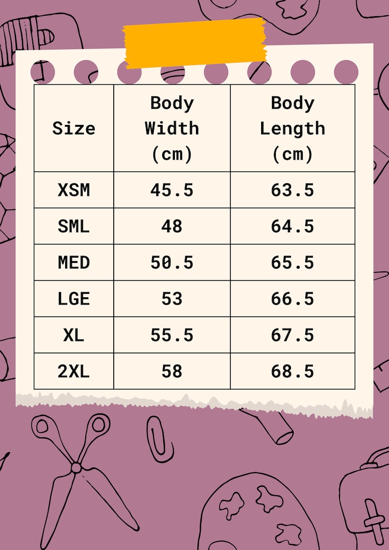 K&ouml;nnte beinhalten: Eine Tabelle mit den K&ouml;rperma&szlig;en in Zentimetern f&uuml;r verschiedene Kleidungsgr&ouml;&szlig;en von XSM bis 2XL.