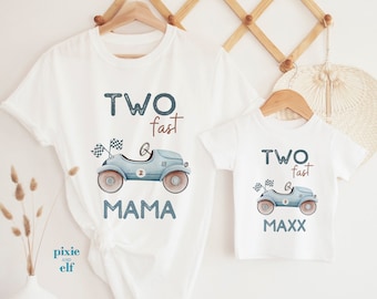 Deux chemises d'anniversaire de famille Fast, chemise Two Fast two curieux, t-shirt d'anniversaire de famille assorti, chemise de voiture de course bleue, cadeau pour enfant de deux ans