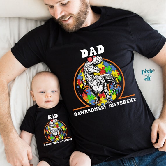 Dad and Kid Autism Awareness Shirts, Dinosaur Autism Tee