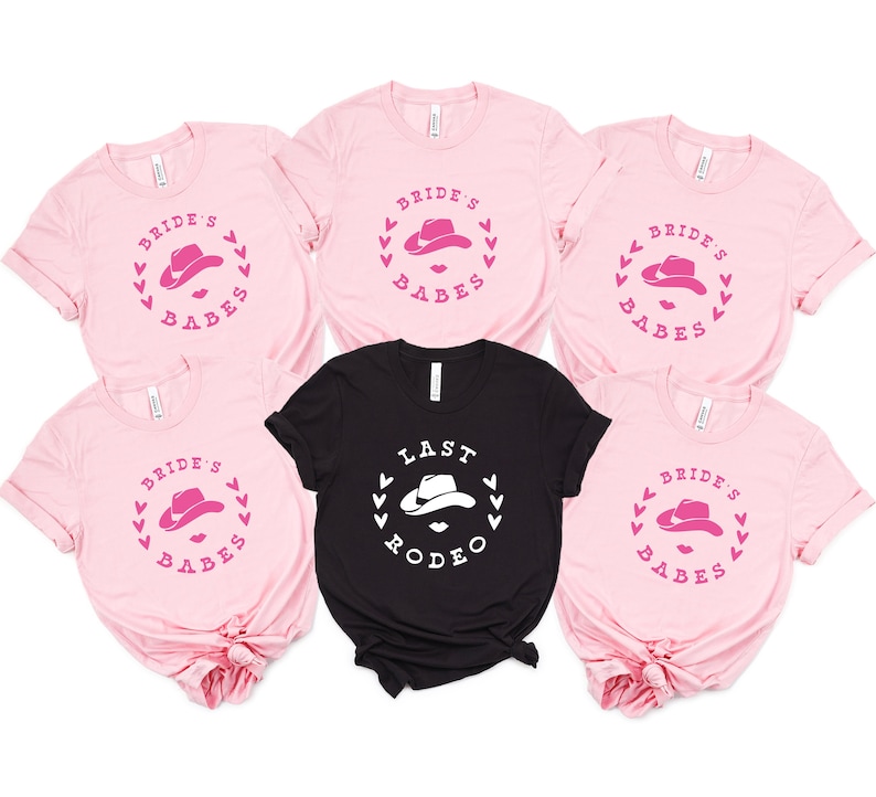 Last Rodeo bride and bridesmaid shirt in pink and black