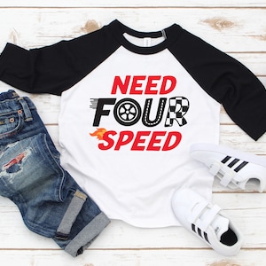 Need Four Speed birthday raglan shirt, Fourth birthday race car shirt, retro Racing birthday tee, gift for fourth birthday, race track shirt