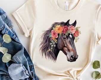 Black Horse floral shirt, Equestrian t shirt, horse lovers tee, horseback riding gift, horse owner shirt, horse trainer tee, kids horse tee