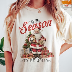 Retro Jolly Season Christmas t shirt, women’s Christmas shirts, cute funny Christmas top, retro Santa Claus shirts, comfort colors ivory shi