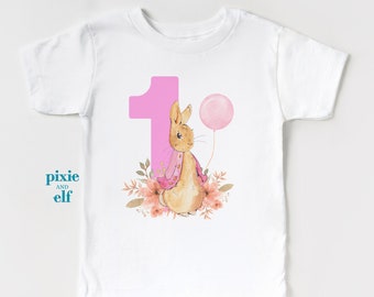 First birthday bunny T-Shirt, pink rabbit theme for birthday, pink Flopsy bunny onepiece bodysuit , peter rabbit birthday outfit or gift