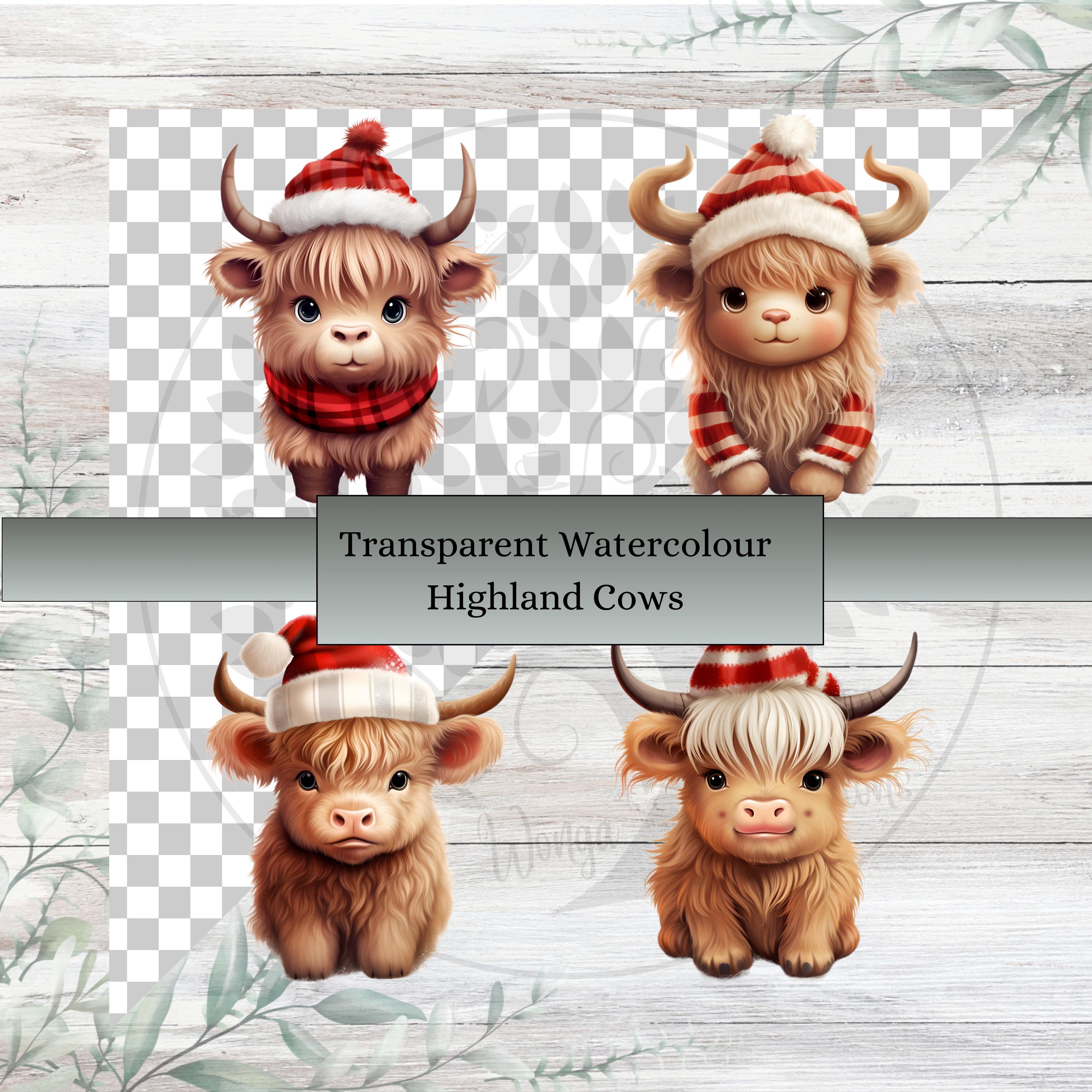 Christmas Highland Cow Watercolor Clipart: Seamless Paper PNG Bundle ...