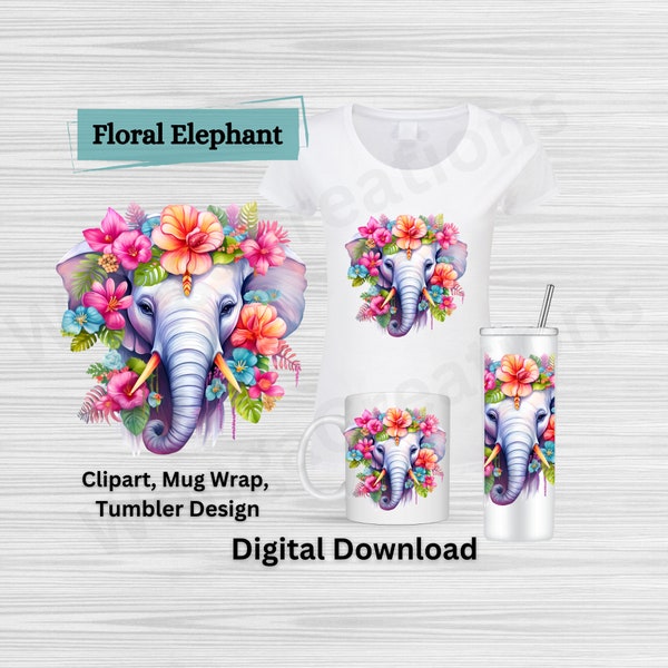 Elephant Clipart PNG-Boho-Hippie-Elephant-Floral-Colourful-Animal-Elephant Printable-Digital Download - Mug Wrap - Tumbler Wrap