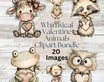 Könnte beinhalten: Eine Sammlung skurriler Valentinstier-Clipart. Das Bild zeigt eine Kuh, ein Schaf, einen Waschbären, einen Frosch, einen Hund und eine Eule, die jeweils ein Herz halten. Der Text "Whimsical Valentine Animals Clipart Bundle 20 Images" ist ebenfalls vorhanden.
