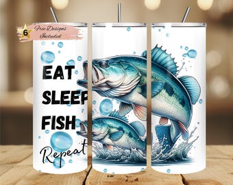 Fishing Tumbler Wrap: Eat Sleep Fish Repeat Sublimation Design (PNG Digital Download)