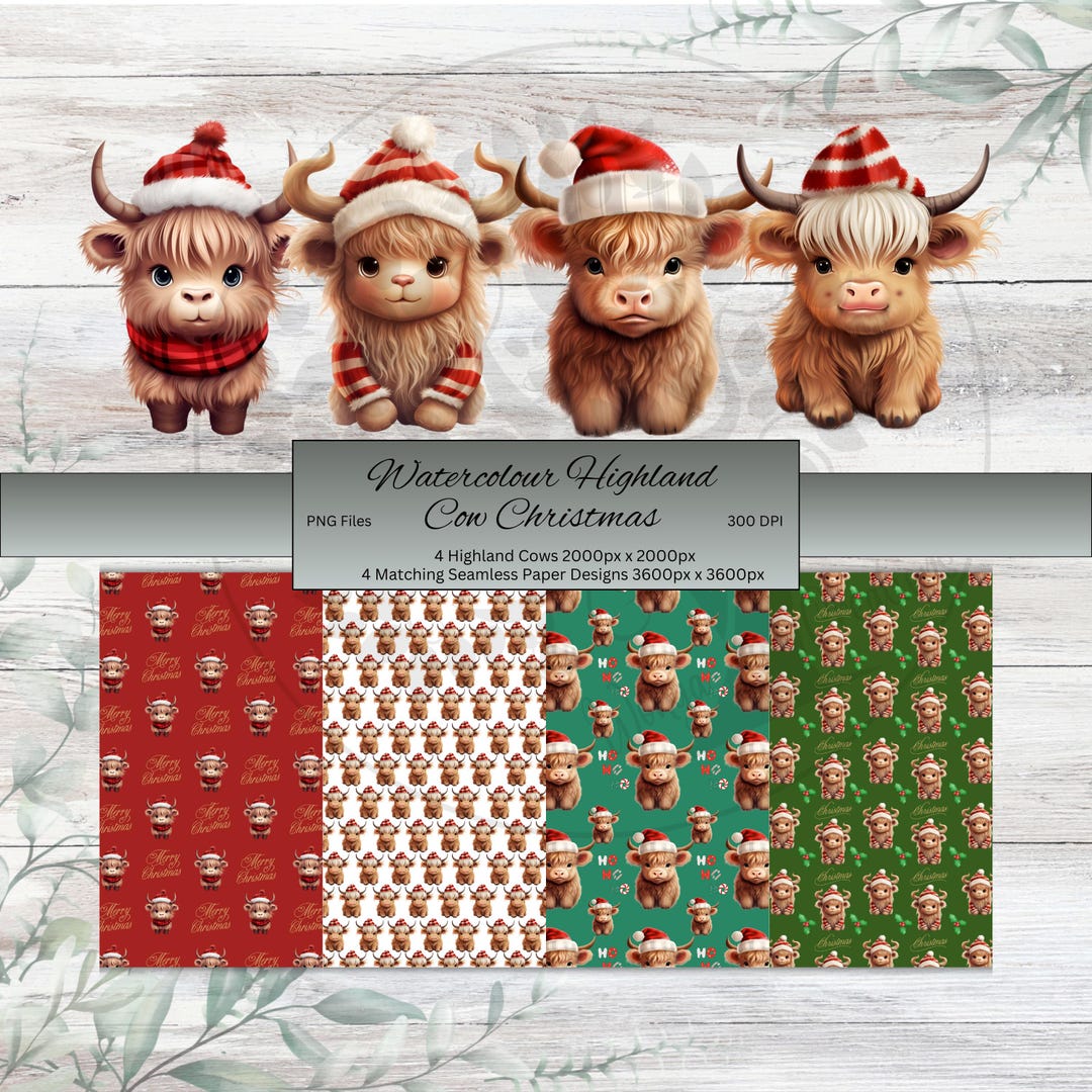 Christmas Highland Cow Watercolor Clipart: Seamless Paper PNG Bundle ...