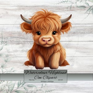 Cute Highland Cow -Watercolour Clipart - Baby Cow - PNG - Sublimation - Digital Download - Commercial Licence