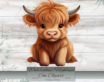 Cute Highland Cow Watercolor Clipart – PNG, Farm Animal (Digital Download)