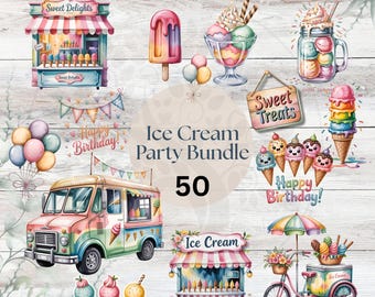 Watercolor Ice Cream Clipart Bundle: Pastel Summer Treats (PNG Digital Download