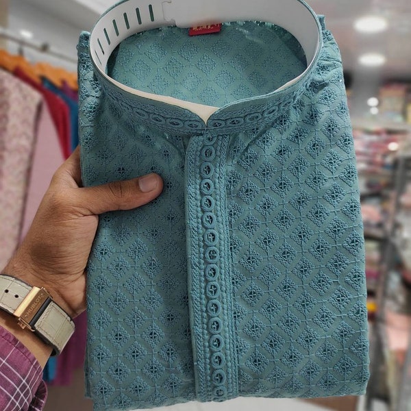 Broderie lourde Kurta indienne de travail pour hommes, Kurta droite pour hommes avec paillettes, livraison gratuite pour le mariage