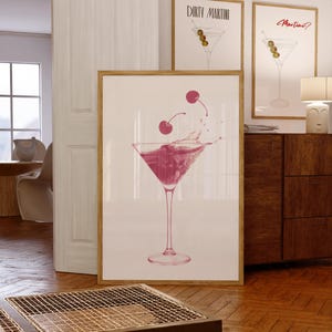 Plakat Martini Akcesoria do wózków barowych Plakat koktajlowy Brudny Martini Wydruk Martini Znak drinka Sztuka ścienna Martini Jasnoróżowe wydruki