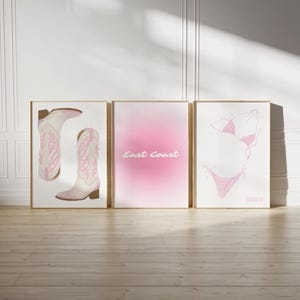 Coastal Cowgirl Wall Art Three Piece Wall Art East Coast Print Light Pink Prints Cowgirl Boot Print Bikini Surf Poster Coquette Cowgirl
