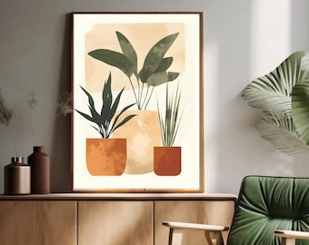 May include: An art print with an abstract design of potted plants in green and orange tones. The artwork is displayed above a wooden cabinet, alongside a green armchair and a large-leafed plant, creating a modern, minimalist interior design scheme.