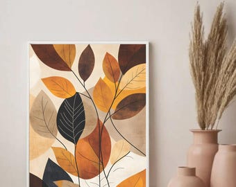 Impresión de hojas bohemia moderna – Arte mural botánico en tonos neutros cálidos – Póster de naturaleza abstracta