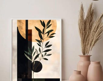 Puede incluir: Impresión artística abstracta enmarcada con borde blanco. La obra presenta formas geométricas, un círculo similar al sol y una planta con hojas verdes. El texto "Miray's Colors" y "Curated Boho Art" está en la parte superior. Un botón de descarga digital está en la esquina superior derecha.