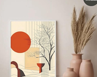 May include: Abstract art print in a white frame. The artwork showcases a large orange circle, a black tree silhouette, and geometric shapes in beige and brown hues. The text "Miray's Colors" and "Curated Boho Art" are at the top. A digital download icon is in the upper right.