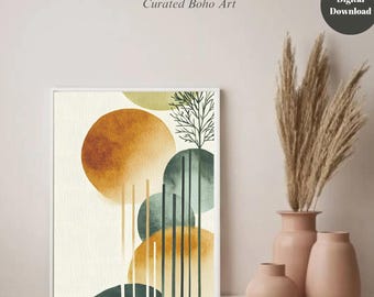 Boho Botanical Print: Abstract Green & Orange Leaf Art (Digital Download