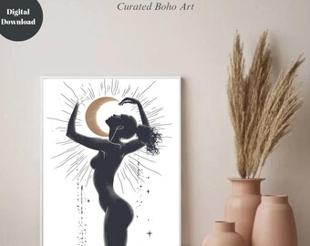 Dark Woman Silhouette with Crescent Moon Print: Witchy Wall Art