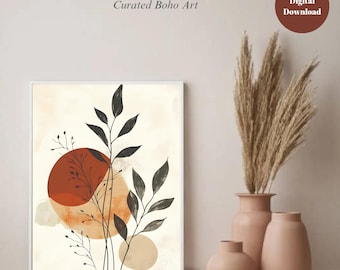 Boho Terracotta Leaf Print: Japandi Minimalist Wall Art (Digital Download)