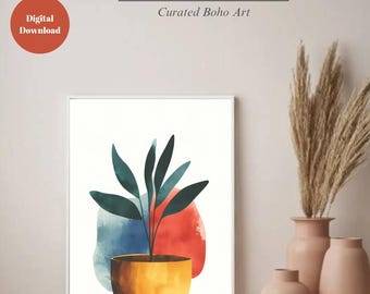 Boho Abstract Plant Print: Red & Yellow Pot, Green Leaves ( Digital Download )