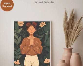 Mindful Girl Wall Art Print | Boho Meditation Poster | Calming Spiritual Home Decor