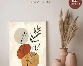Boho Terracotta Leaf Print: Japandi Minimalist Wall Art (Digital Download