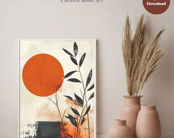Grafika z motywem liści terakoty: minimalistyczny wystrój w stylu boho japandi (pobranie cyfrowe)
