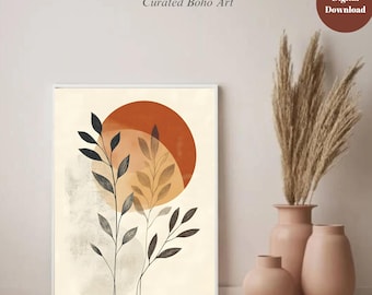 May include: Abstract art print in a white frame, featuring a burnt orange sun design and black and tan plant silhouettes. The artwork is labelled "Miray's Colors" and "Curated Boho Art". A digital download is available. Decorative vases with dried plants are in the background.