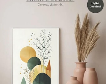 Nowoczesny boho botaniczny plakat artystyczny z liśćmi – zielony i pomarańczowy, abstrakcyjny, minimalistyczny plakat skandynawski, do pobrania w wersji cyfrowej