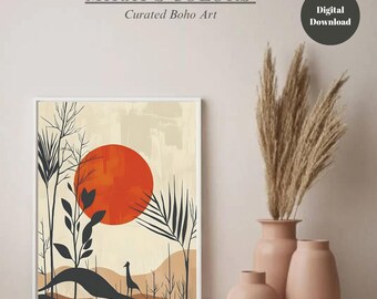 Terracotta Botanical Print: Neutral Boho Japandi Wall Art (Digital Download)